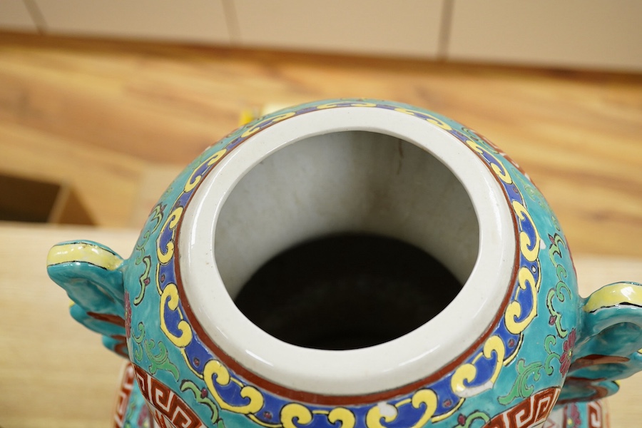 A Chinese double-gourd vase and cover, on associated hardwood stand, total height 65cm. Condition - fair to good